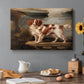 Canvas art print featuring a spaniel dog resting in landscape with attentive expression, set in a cozy kitchen setting