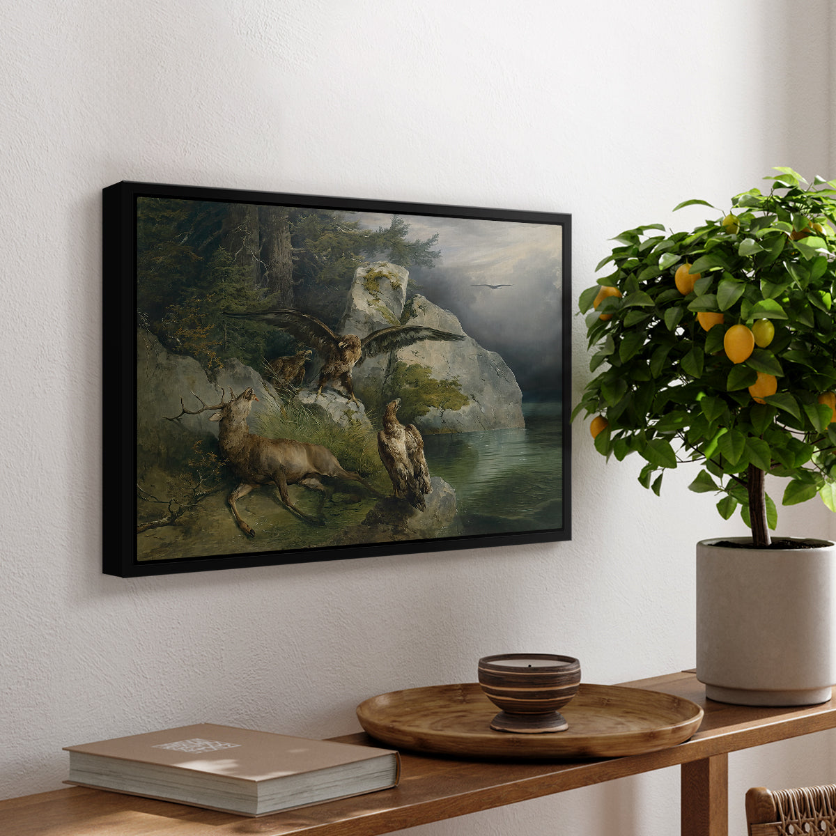 Eagles and Dying Stag on a Lakeshore, 1836 - Floater Framed Canvas Print