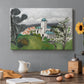 Canvas art print featuring a blue villa surrounded by trees and greenery in a bright landscape, set in a cozy kitchen setting