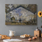 Canvas art print featuring a train station interior filled with steam and locomotives under iron structure, set in a cozy kitchen setting