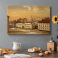 Canvas art print featuring a historic castle courtyard with riders and buildings in structured setting, set in a cozy kitchen setting