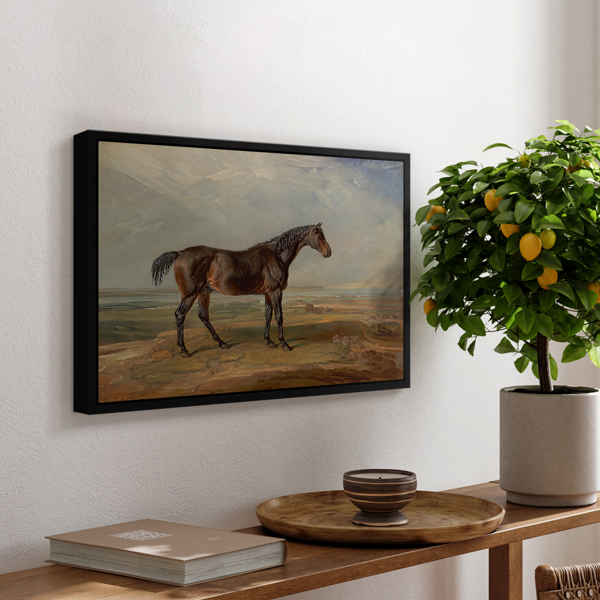 Dr. Syntax, a Bay Racehorse, Standing in a Coastal Landscape, an Estuary Beyond, c. 1820 - Floater Framed Canvas Print