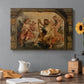 Canvas art print featuring a seated figure playing harp with attendants, set in a cozy kitchen setting