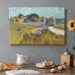 Canvas art print featuring a small farmhouse surrounded by yellow field and trees under blue sky, set in a cozy kitchen setting