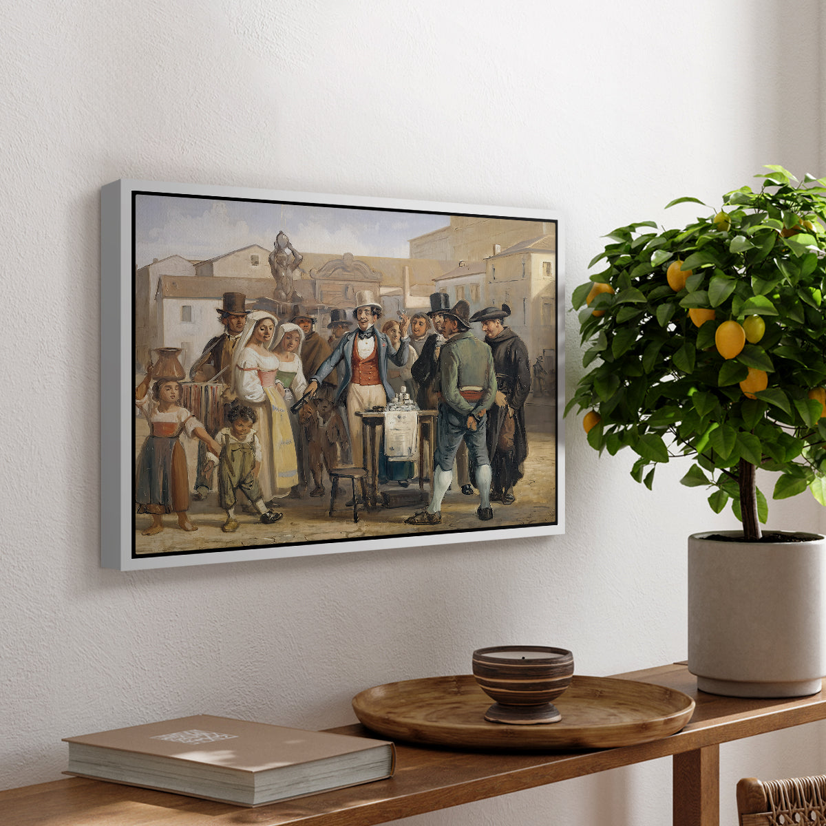 A Charlatan Selling Blacking in the Piazza Barberini in Rome, c. 1840-1849 - Floater Framed Canvas Print