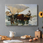 Canvas art print featuring fishermen pulling boat ashore with oxen along beach, set in a cozy kitchen setting