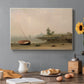 Canvas art print featuring a small boat resting on shoreline beside calm water and open sky, set in a cozy kitchen setting