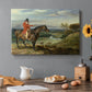Canvas art print featuring a mounted hunter with dogs pursuing game across open landscape, set in a cozy kitchen setting