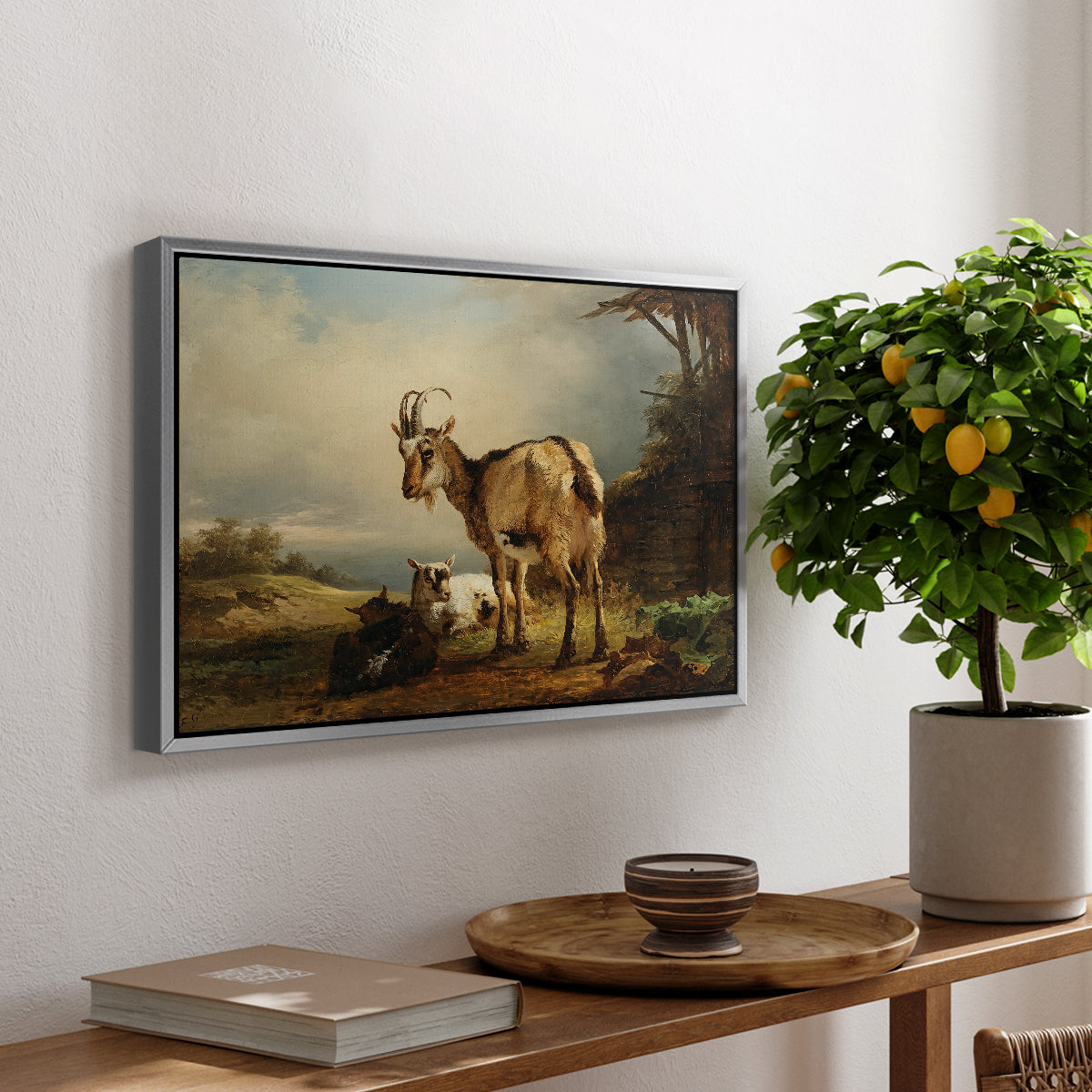 A Goat with Two Kids - Floater Framed Canvas Print