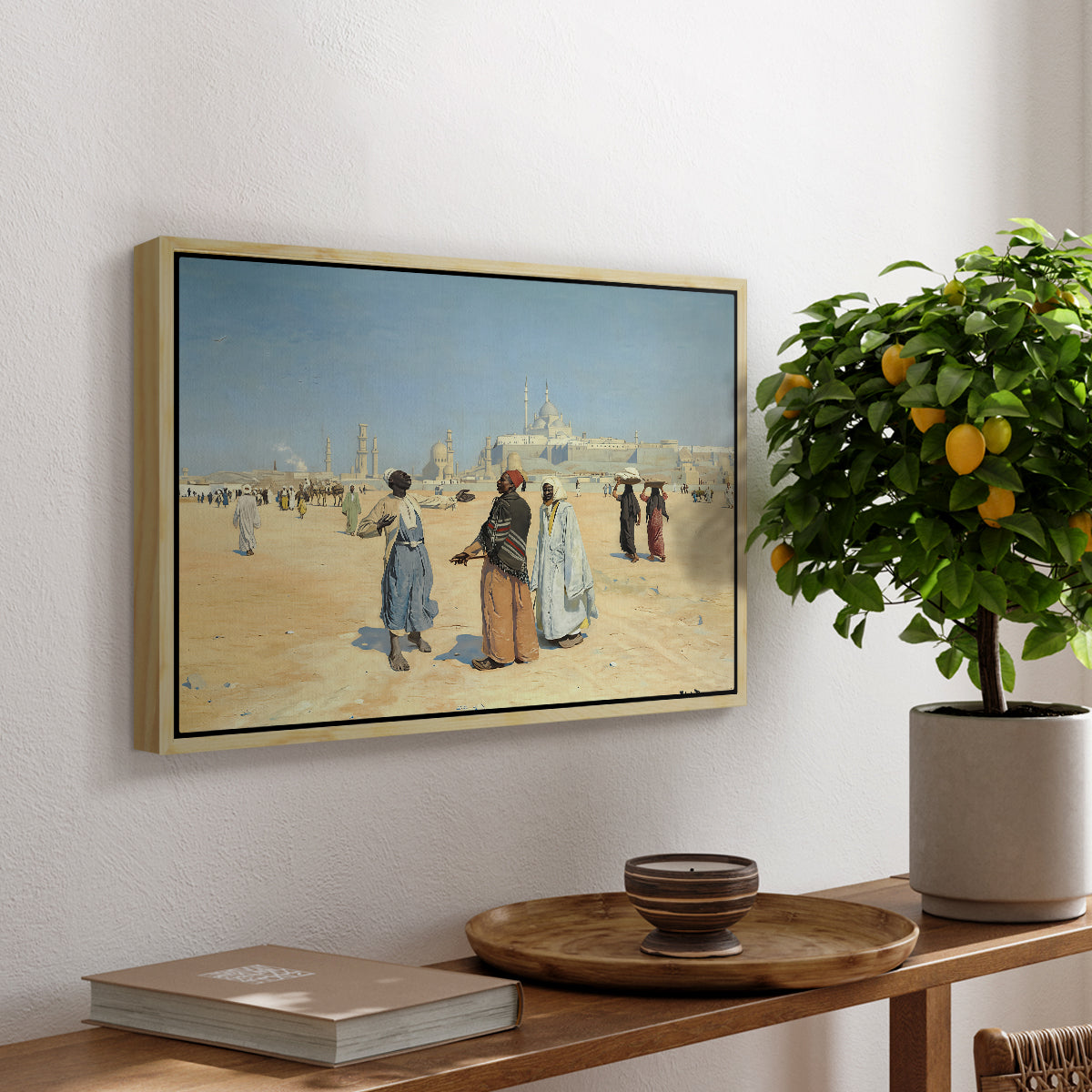 View from the Desert of Cairo with Citadel and Mamluk Tombs in the Background, c. 1889-1890 - Floater Framed Canvas Print