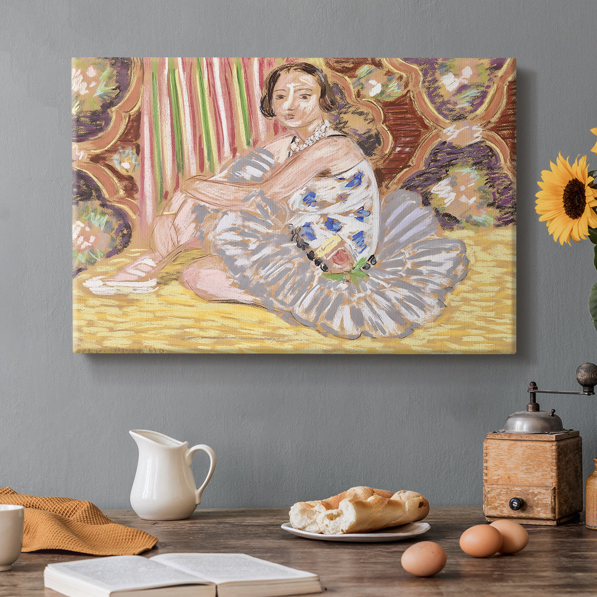 Canvas art print featuring a dancer figure posed in a decorative interior, set in a cozy kitchen setting