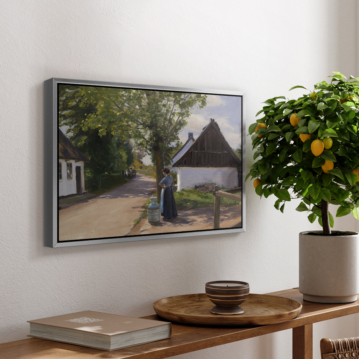 Danish Village Street with Woman and Milkman, 1880 - Floater Framed Canvas Print