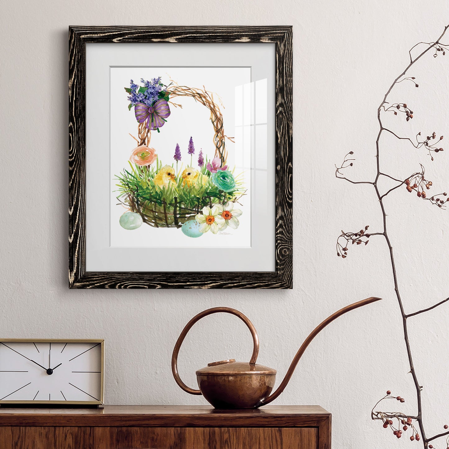 Spring Chick Basket - Premium Framed Print - Distressed Barnwood Frame - Ready to Hang