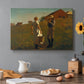 Canvas art print featuring two figures standing in open field near small building under wide sky, set in a cozy kitchen setting