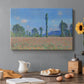 Canvas art print featuring an expansive field of red poppies with tall trees under blue sky, set in a cozy kitchen setting