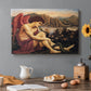 Canvas art print featuring an angelic figure confronting serpent in symbolic battle of good and evil, set in a cozy kitchen setting