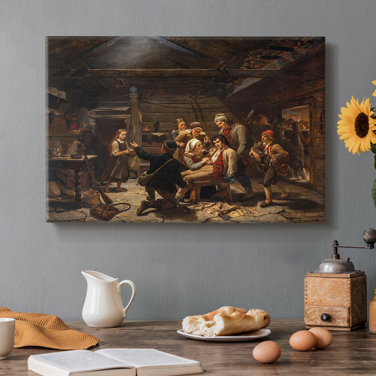 Canvas art print featuring villagers welcoming returning bear hunter surrounded by people in rustic interior, set in a cozy kitchen setting
