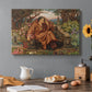 Canvas art print featuring a distressed figure surrounded by flames and torment in symbolic hell scene, set in a cozy kitchen setting