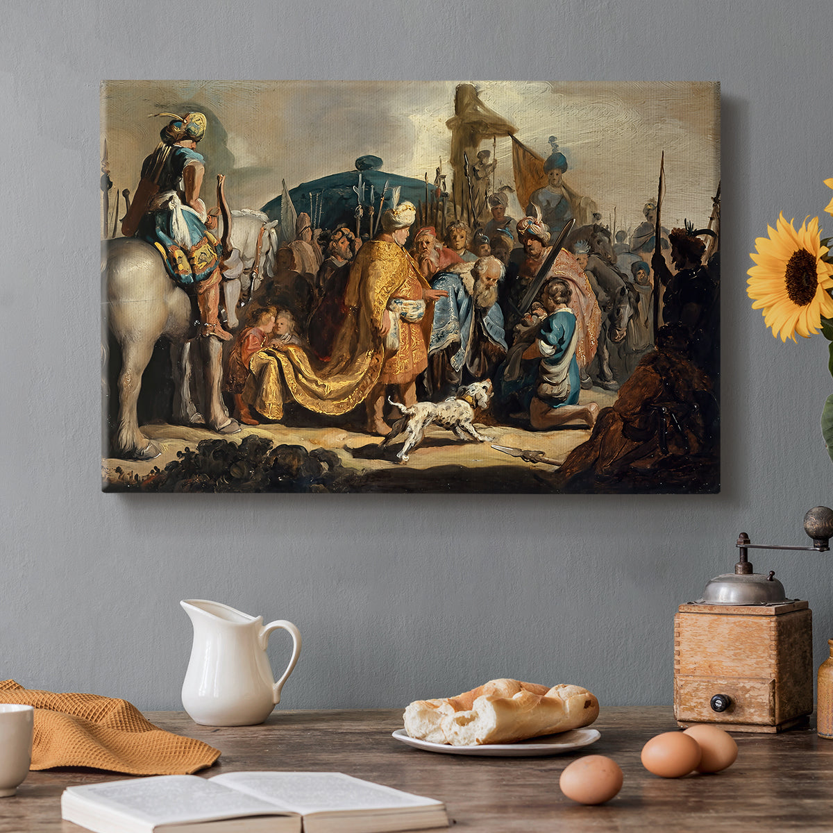 Canvas art print featuring a biblical scene with David holding Goliath's head, set in a cozy kitchen setting