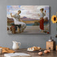 Canvas art print featuring a woman holding thread while another figure helps wind yarn in classical setting, set in a cozy kitchen setting