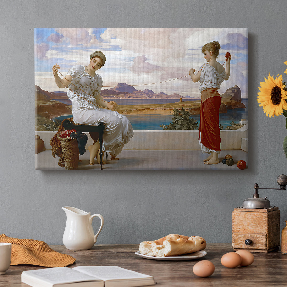 Canvas art print featuring a woman holding thread while another figure helps wind yarn in classical setting, set in a cozy kitchen setting