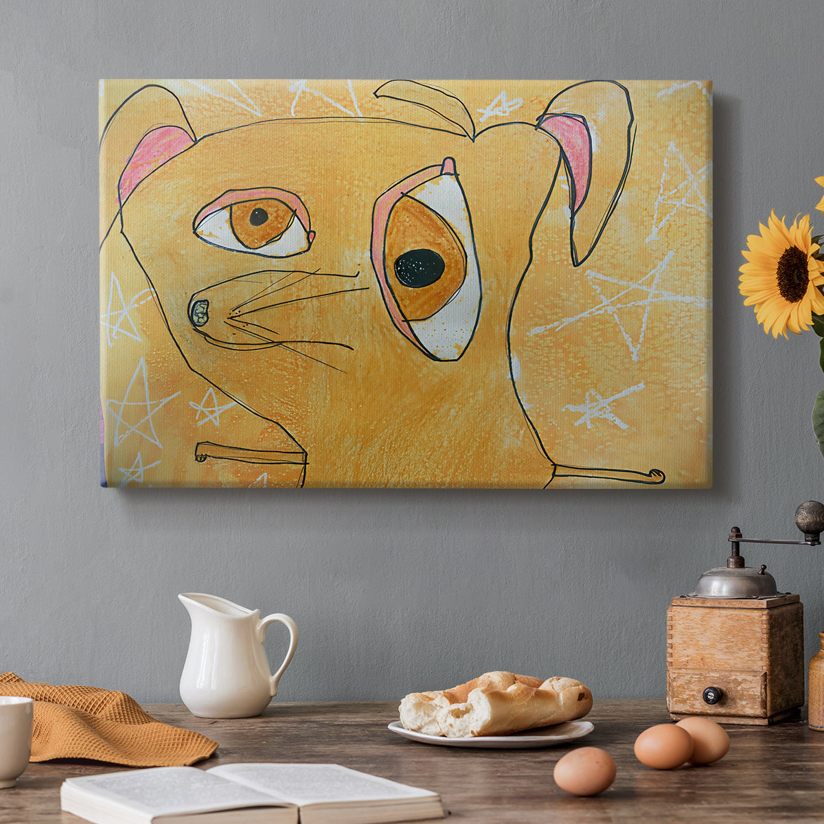 Canvas art print featuring a geometric dog composed of angular shapes with stars, set in a cozy kitchen setting