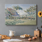 Canvas art print featuring a village with meadow and buildings in soft dotted color, set in a cozy kitchen setting