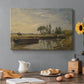 Canvas art print featuring a barge floating on river near lock with greenery, set in a cozy kitchen setting