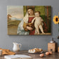 Canvas art print featuring Madonna seated outdoors holding child beside dark tree and open sky, set in a cozy kitchen setting