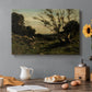 Canvas art print featuring an early morning landscape with trees and soft light over countryside, set in a cozy kitchen setting