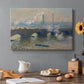 Canvas art print featuring a muted cityscape of bridge spanning river under overcast sky, set in a cozy kitchen setting