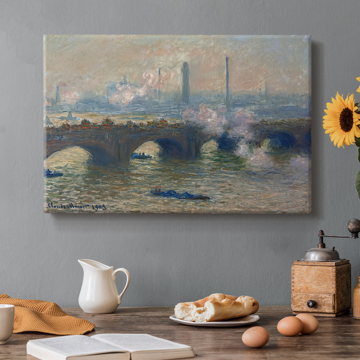 Canvas art print featuring a muted cityscape of bridge spanning river under overcast sky, set in a cozy kitchen setting