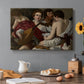 Canvas art print featuring a group of young men gathered together playing music with instruments, set in a cozy kitchen setting