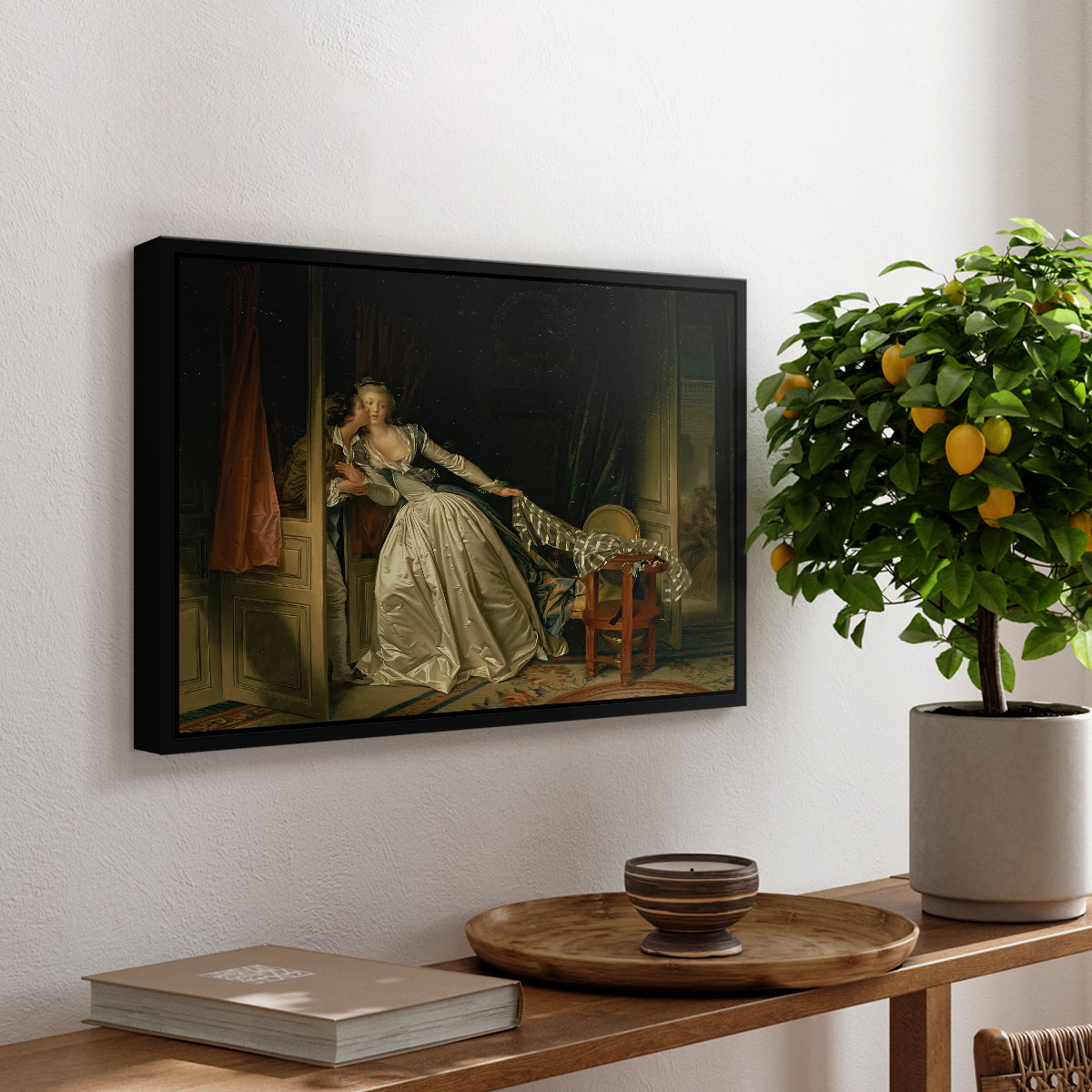 The Stolen Kiss (Le Baiser à la dérobée), c. 1788 - Floater Framed Canvas Print