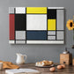 Canvas art print featuring a grid of rectangles with primary colors and black lines, set in a cozy kitchen setting