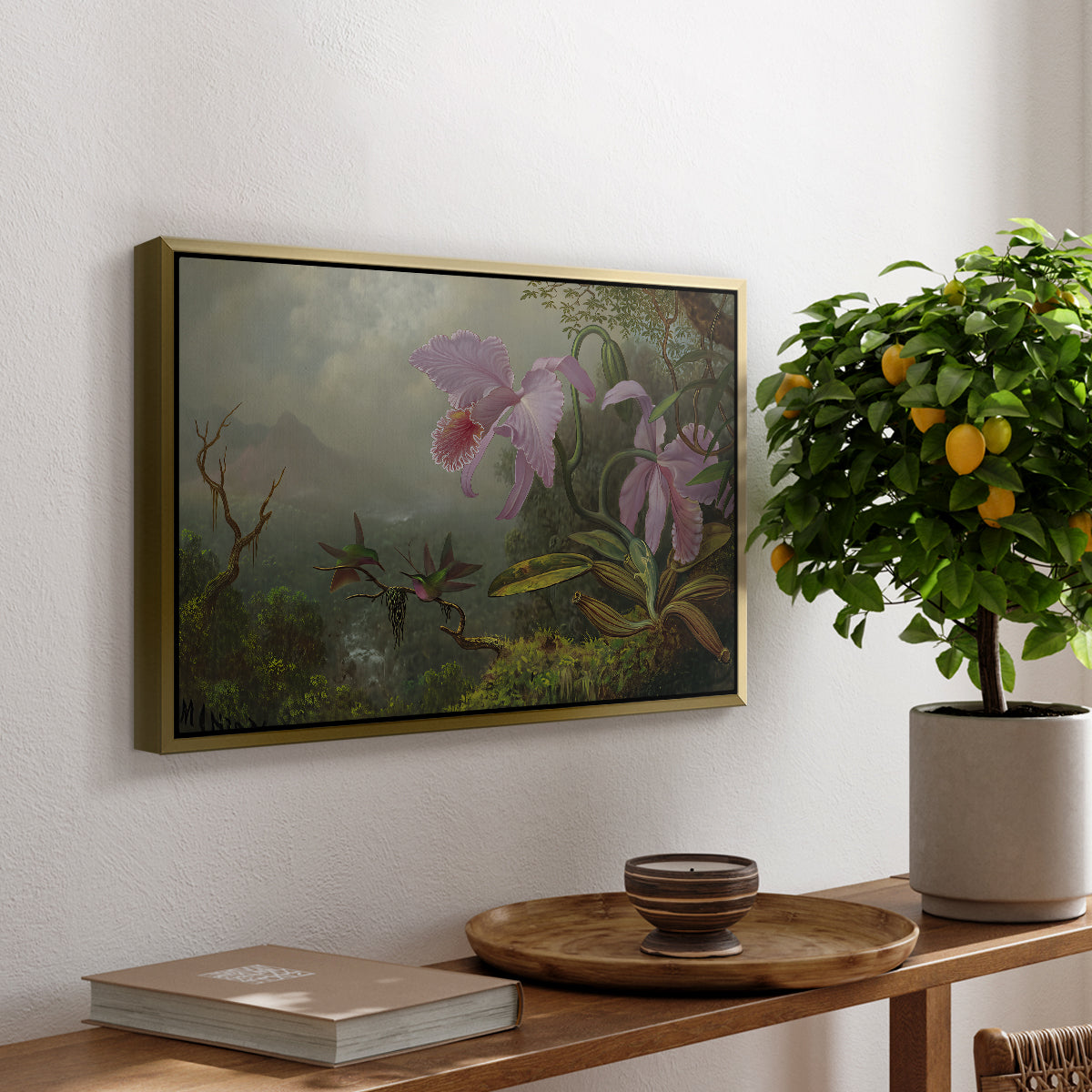 Two Sun Angel Hummingbirds on a Branch, c. 1890-1904 - Floater Framed Canvas Print