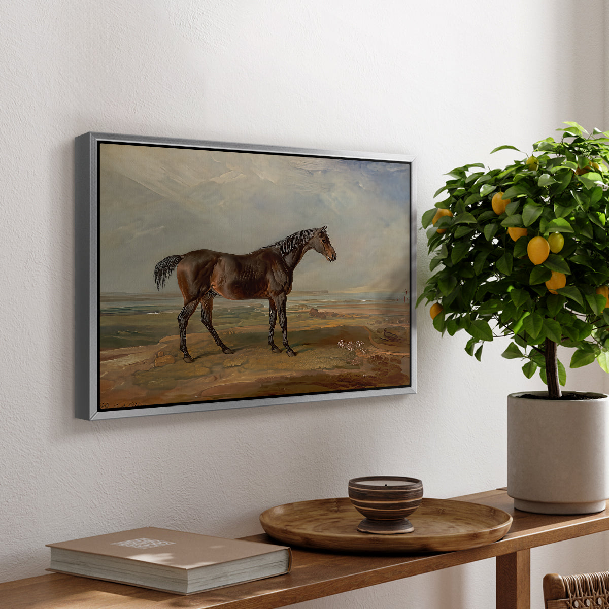 Dr. Syntax, a Bay Racehorse, Standing in a Coastal Landscape, an Estuary Beyond, c. 1820 - Floater Framed Canvas Print