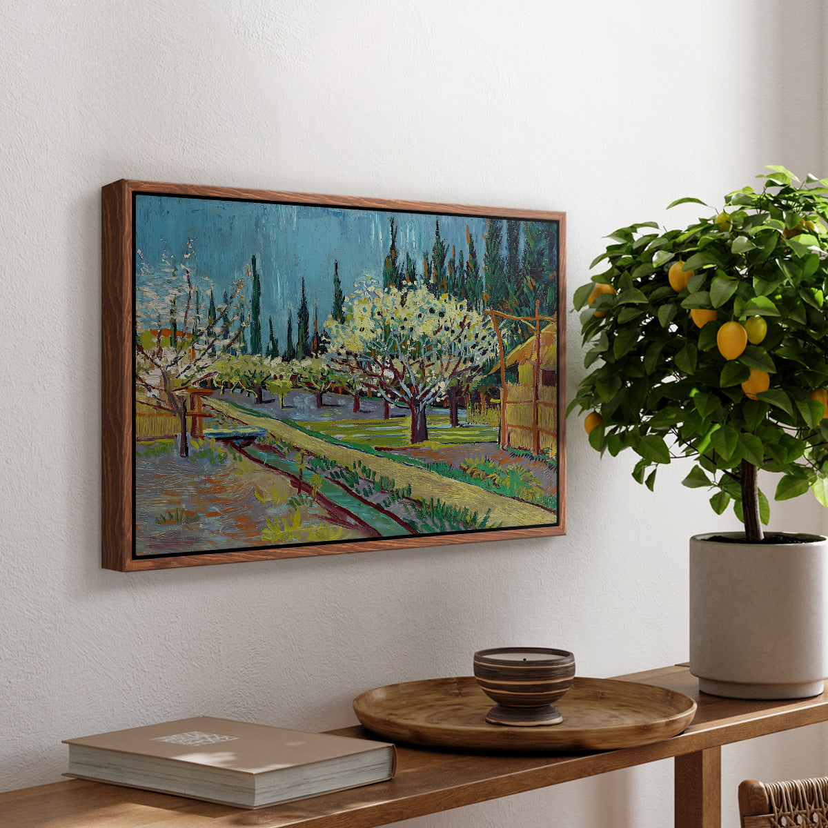Orchard in Blossom, Bordered by Cypresses, 1888 - Floater Framed Canvas Print