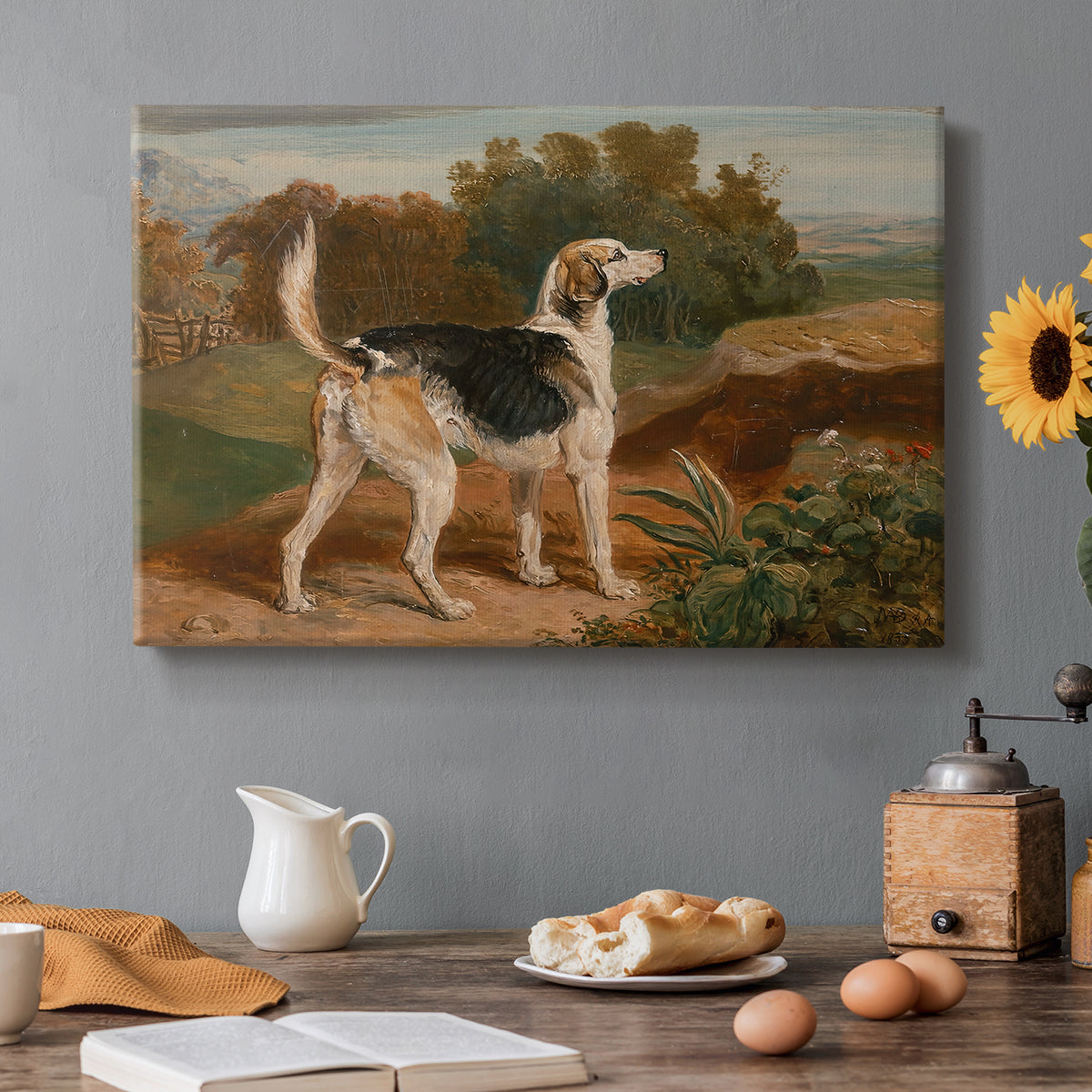Canvas art print featuring a hunting hound standing in landscape with focused posture, set in a cozy kitchen setting