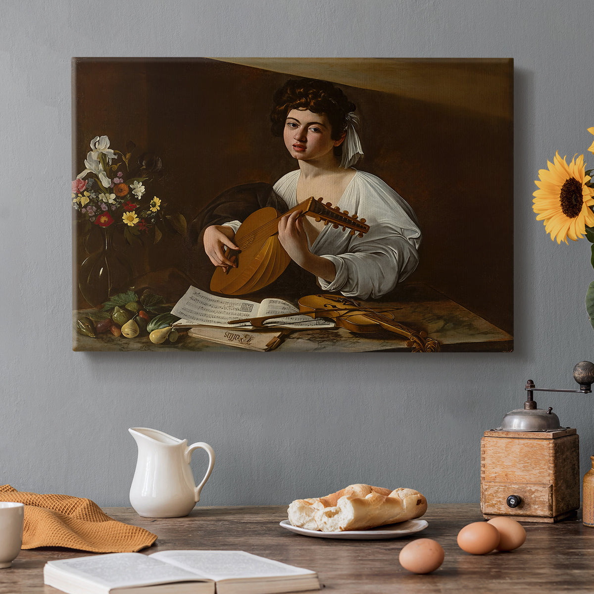 Canvas art print featuring a young musician playing lute beside table with fruit and sheet music, set in a cozy kitchen setting