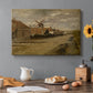 Canvas art print featuring a mill building beside water in quiet rural landscape, set in a cozy kitchen setting