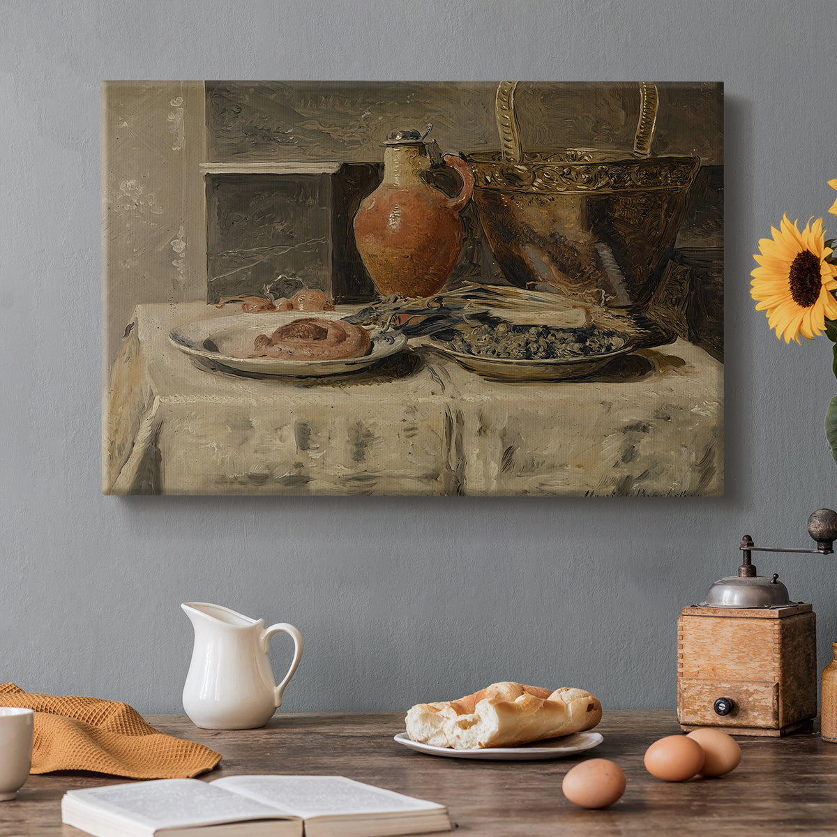 Canvas art print featuring a simple still life arrangement with jar and objects on table, set in a cozy kitchen setting