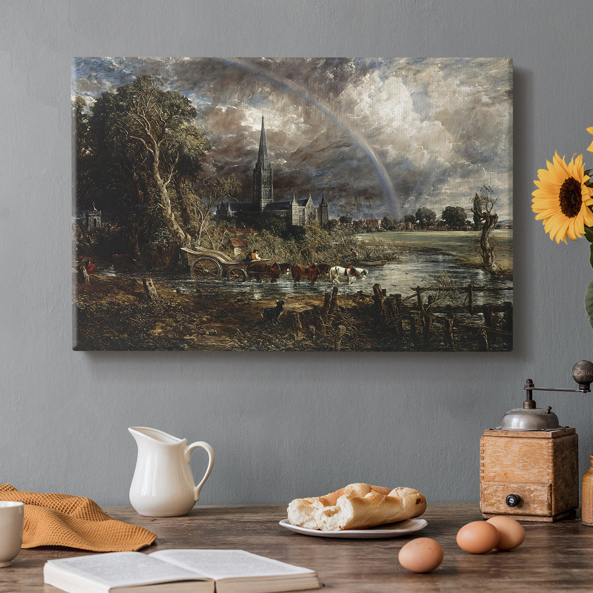 Canvas art print featuring a close view of cathedral and landscape elements, set in a cozy kitchen setting