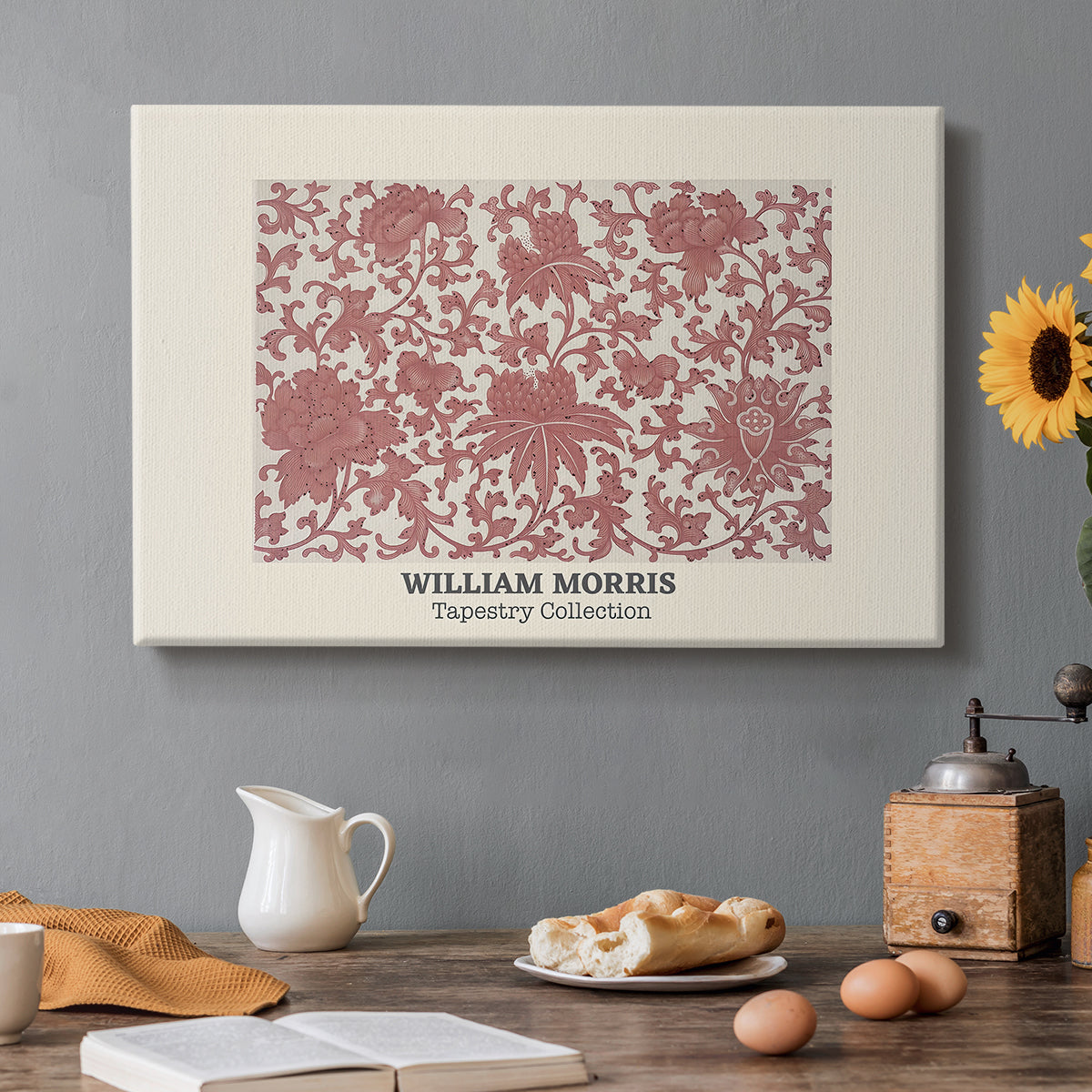Canvas art print featuring a repeating ornamental pattern with floral and geometric elements arranged in horizontal bands, set in a cozy kitchen setting