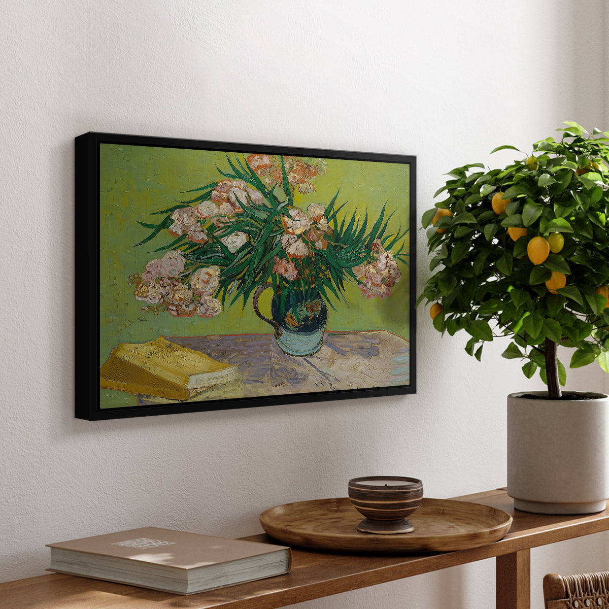 Vase with Oleanders and Books, 1888 - Floater Framed Canvas Print