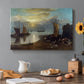 Canvas art print featuring a sunrise over harbor with fishermen working among boats, set in a cozy kitchen setting