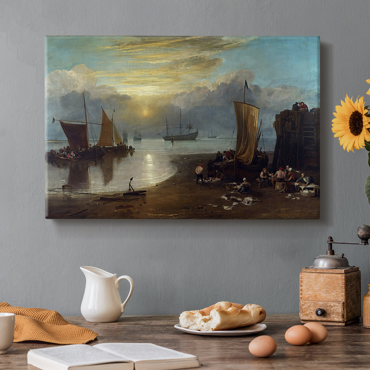 Canvas art print featuring a sunrise over harbor with fishermen working among boats, set in a cozy kitchen setting