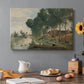 Canvas art print featuring a quiet rural landscape with trees and open terrain under muted sky, set in a cozy kitchen setting