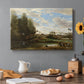 Canvas art print featuring figures washing clothes beside riverbank surrounded by trees, set in a cozy kitchen setting