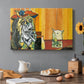 Canvas art print featuring a stylized figure facing cat across table in exaggerated scene, set in a cozy kitchen setting